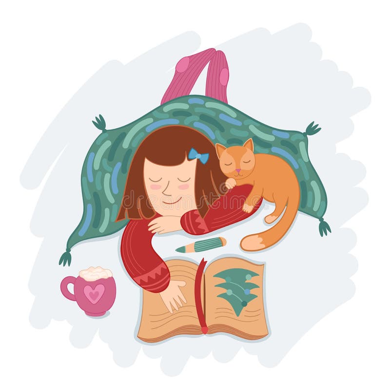 Illustration Cute Girl with Cat and Cocoa Under Blanket Stock Vector