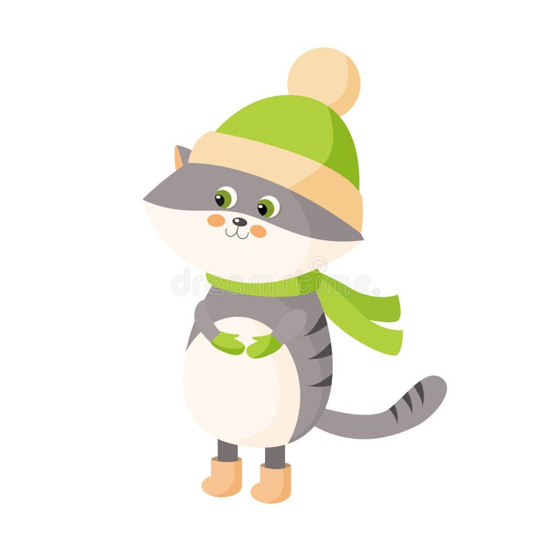 Illustration of a cute gray striped kitten cat standing in a green hat, mittens and felt boots