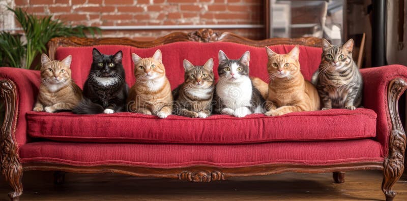 An illustration of a cute group of cats sitting on a couch royalty free stock photos
