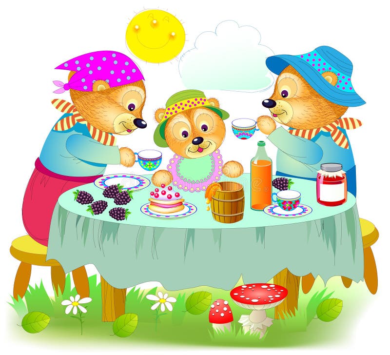 Illustration of cute three bears family eating the breakfast. Father, mother and baby sitting at the table.