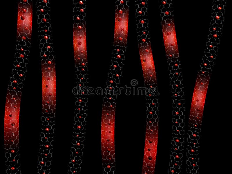 illustration 3d av abstrakt röd nanotube med röda bollar royaltyfri illustrationer illustration 3d av abstrakt röd nanotube med röda bollar royaltyfri illustrationer