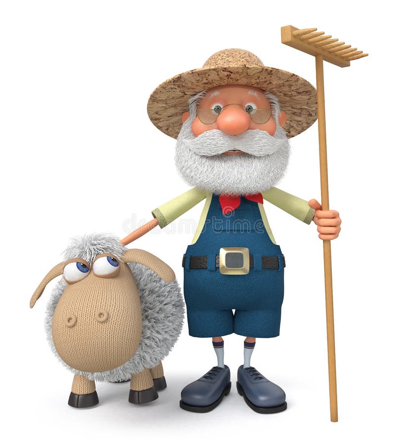 The 3D illustration the grandfather the peasant costs with a sheep outdoors. The 3D illustration the grandfather the peasant costs with a sheep outdoors