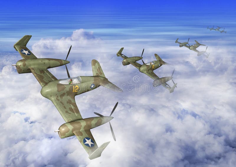Illustration 3D eines futuristischen Flugzeug-Geschwader-Fliegens in den Wolken stock abbildung Illustration 3D eines futuristischen Flugzeug-Geschwader-Fliegens in den Wolken stock abbildung