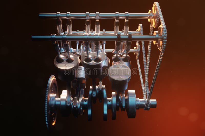 3d illustration of an internal combustion engine. Engine parts, crankshaft, pistons, fuel supply system. V6 engine pistons with crankshaft on a black background. Illustration of car engine inside. 3d illustration of an internal combustion engine. Engine parts, crankshaft, pistons, fuel supply system. V6 engine pistons with crankshaft on a black background. Illustration of car engine inside