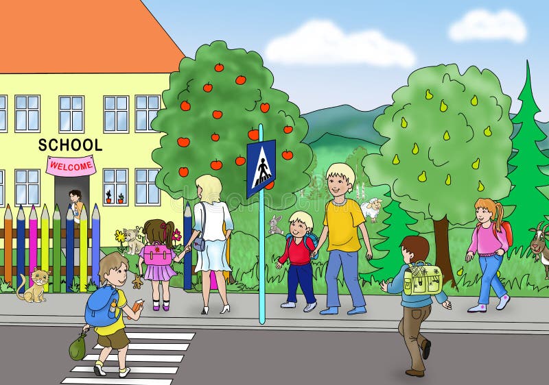 Illustration d'enfants gais avec des parents allant à l'école