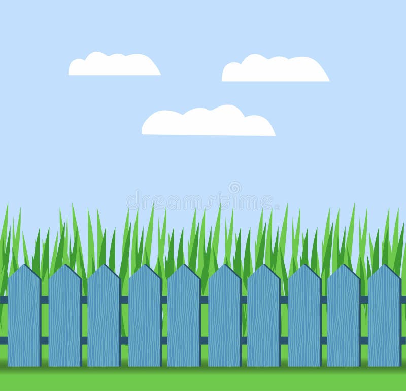 Illustration d'herbe et de barrière sur un fond de ciel bleu avec des nuages illustration stock Illustration d'herbe et de barrière sur un fond de ciel bleu avec des nuages illustration stock