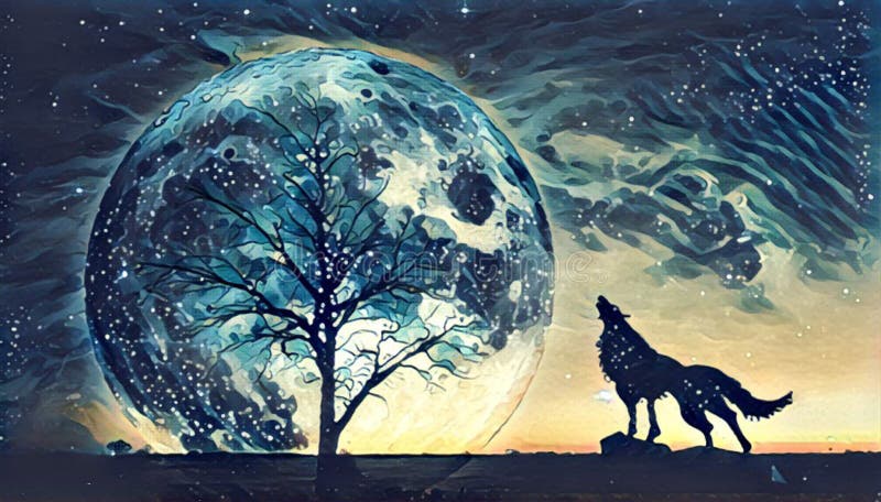 Illustration d'illustration de paysage d'imagination - loup d'hurlement et t nu illustration libre de droits Illustration d'illustration de paysage d'imagination - loup d'hurlement et t nu illustration libre de droits