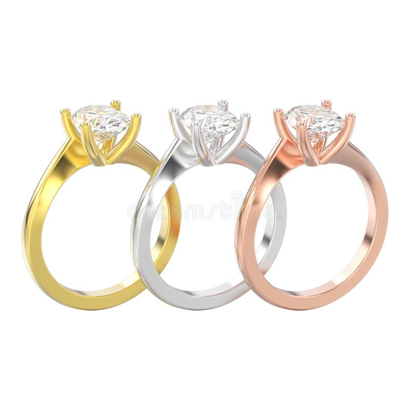 3D illustration isolated three yellow, rose and white gold or silver engagement illusion twisted rings with diamonds on a white background. 3D illustration isolated three yellow, rose and white gold or silver engagement illusion twisted rings with diamonds on a white background