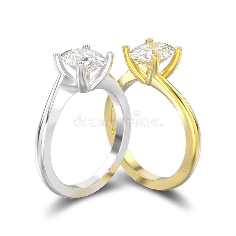3D illustration isolated two yellow and white gold or silver engagement illusion twisted rings with diamonds with shadow on a white background. 3D illustration isolated two yellow and white gold or silver engagement illusion twisted rings with diamonds with shadow on a white background