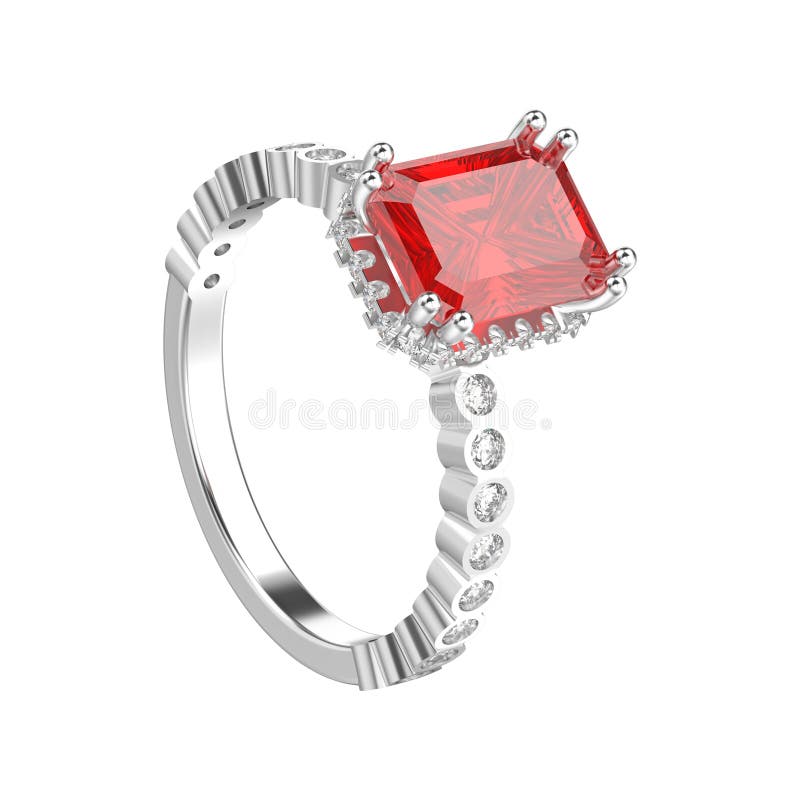 3D illustration isolated white gold or silver diamonds decorative ring with red ruby on a white background. 3D illustration isolated white gold or silver diamonds decorative ring with red ruby on a white background