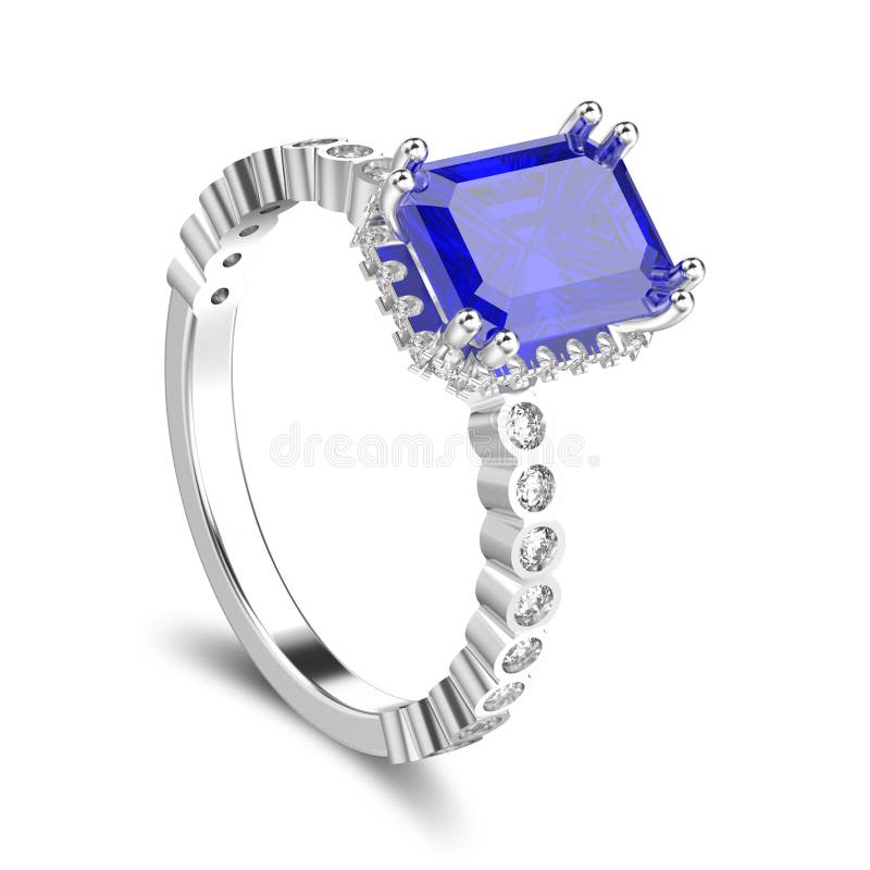 3D illustration isolated white gold or silver diamonds decorative ring with blue sapphire with shadow on a white background. 3D illustration isolated white gold or silver diamonds decorative ring with blue sapphire with shadow on a white background