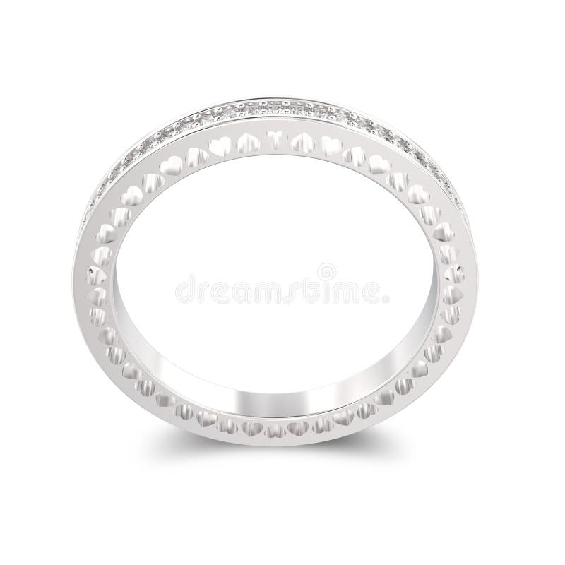 3D illustration isolated white gold or silver eternity band ring with diamonds and hearts with shadow on a white background. 3D illustration isolated white gold or silver eternity band ring with diamonds and hearts with shadow on a white background
