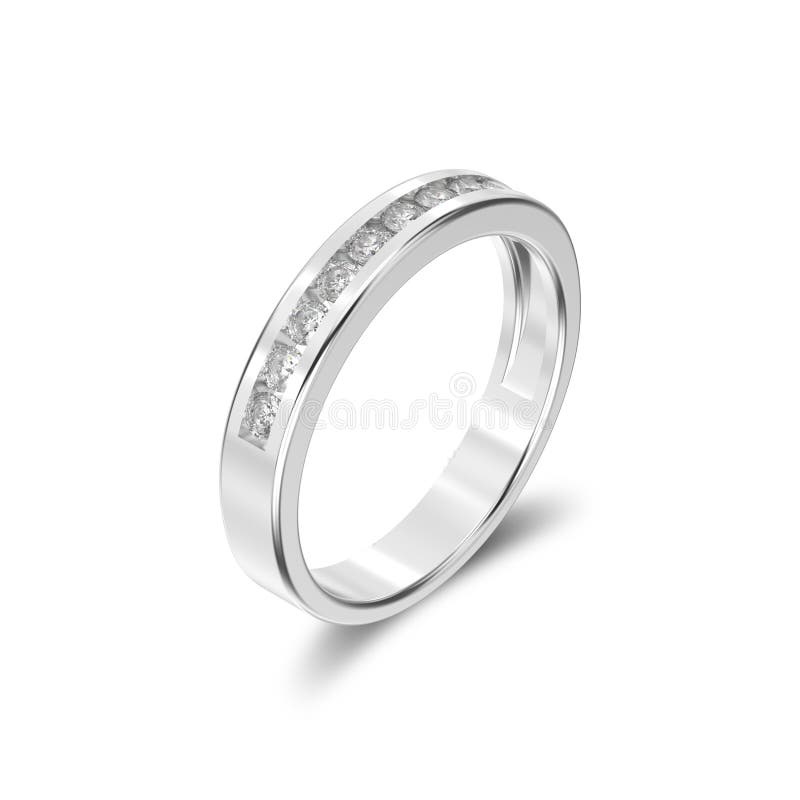 3D illustration isolated white gold or silver ring with diamonds with shadow on a white background. 3D illustration isolated white gold or silver ring with diamonds with shadow on a white background