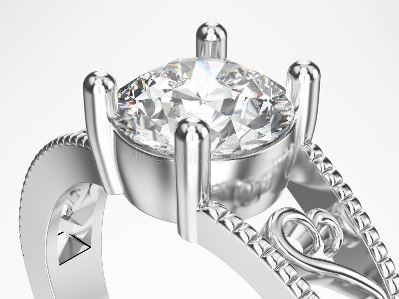 3D illustration isolated zoom macro white gold or silver ring with diamonds on a white background. 3D illustration isolated zoom macro white gold or silver ring with diamonds on a white background
