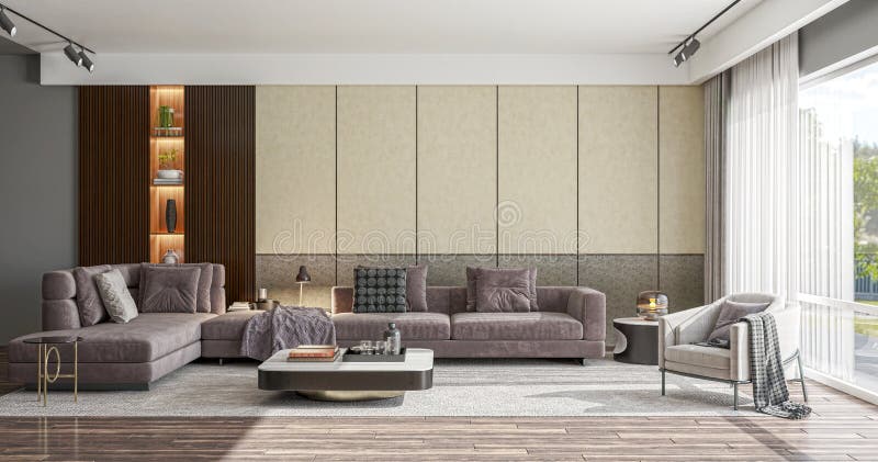 Large luxury modern minimal bright interiors room mockup illustration 3D rendering