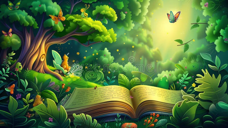 illustration of an open book with a fairy tale in the forest. illustration of an open book with a fairy tale in the forest