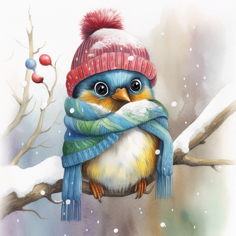 Illustration D’un Oiseau Mignon Dans L’aquarelle D’hiver Crayon Dessin …