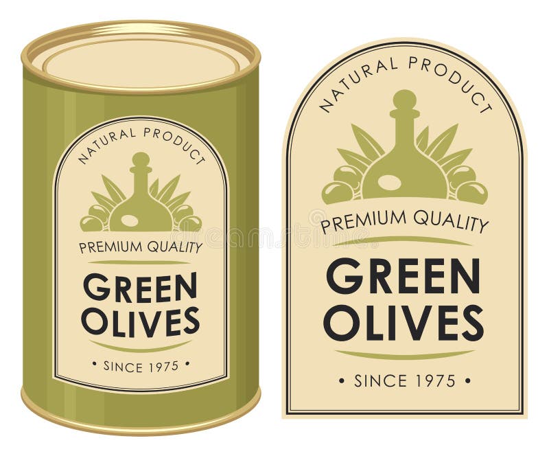 Label for green olives decorated by olives and decanter in retro style on the olive background. Vector illustration of label and tin can with this label. Label for green olives decorated by olives and decanter in retro style on the olive background. Vector illustration of label and tin can with this label