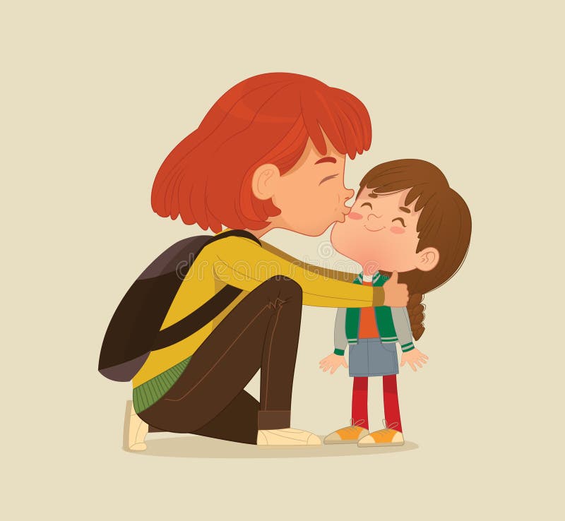 Illustration d'une mère qui donne un baiser d'adieu à sa fille. La mère s'embrasse à l'enfant à la porte de l'école. présco illustration libre de droits Illustration d'une mère qui donne un baiser d'adieu à sa fille. La mère s'embrasse à l'enfant à la porte de l'école. présco illustration libre de droits