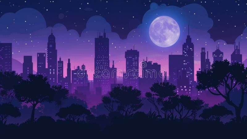 An illustration of a moonlit city with a moonlit public park. Full moon shining brightly in a dark urban park against silhouettes of megalopolis skyscrapers.. AI generated. An illustration of a moonlit city with a moonlit public park. Full moon shining brightly in a dark urban park against silhouettes of megalopolis skyscrapers.. AI generated