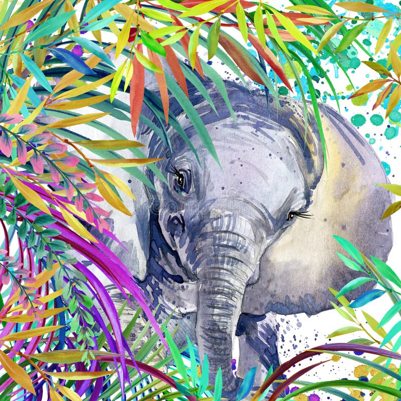 Elephant illustration. Tropical exotic forest, green leaves, wildlife, elephant, watercolor illustration. watercolor background unusual exotic nature. Elephant illustration. Tropical exotic forest, green leaves, wildlife, elephant, watercolor illustration. watercolor background unusual exotic nature