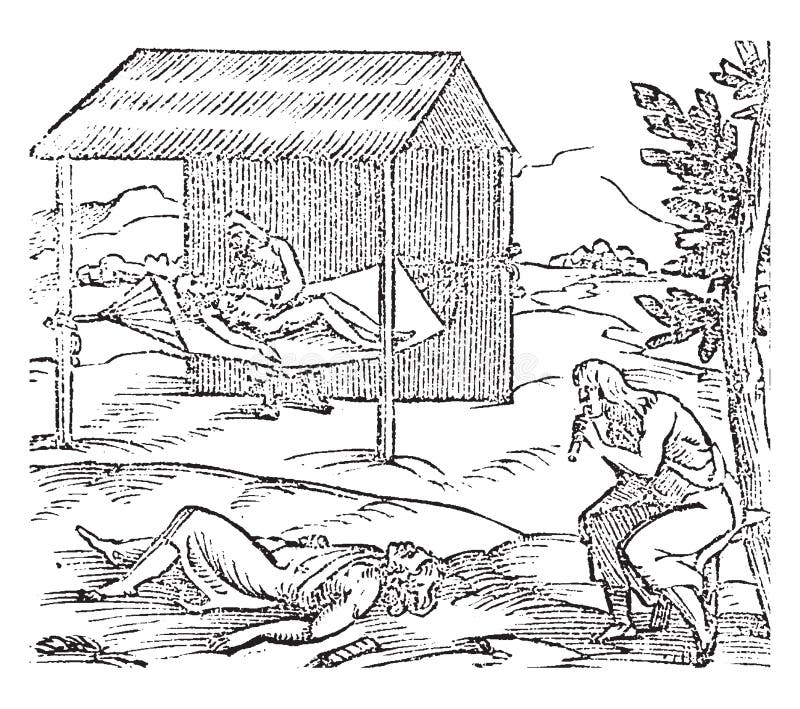 Hispaniola which is an image of people curing the sick in Hispaniola, vintage line drawing or engraving illustration. Hispaniola which is an image of people curing the sick in Hispaniola, vintage line drawing or engraving illustration