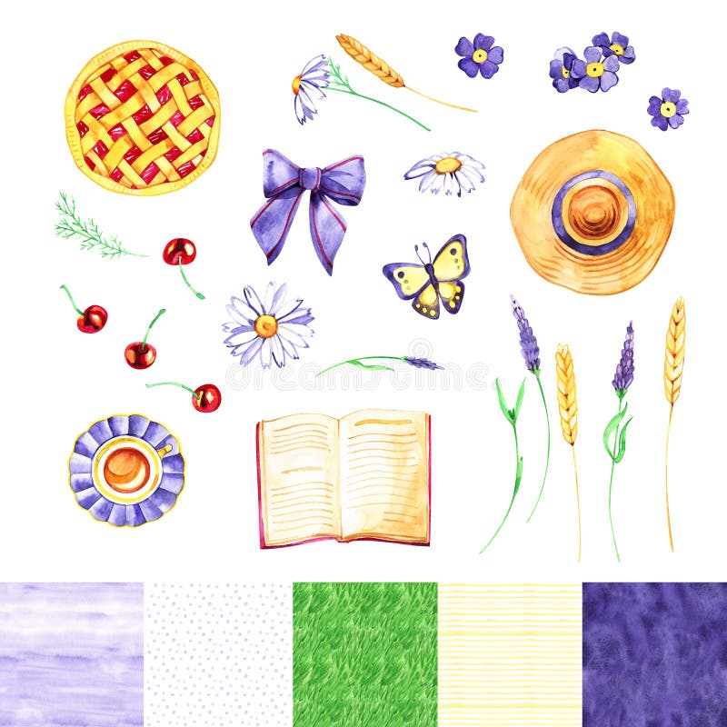 Illustration d'été d'aquarelle dans le style étendu plat Livre, fleurs, tasse de thé, tarte aux cerises, chapeau, papillon Vue de image stock Illustration d'été d'aquarelle dans le style étendu plat Livre, fleurs, tasse de thé, tarte aux cerises, chapeau, papillon Vue de image stock