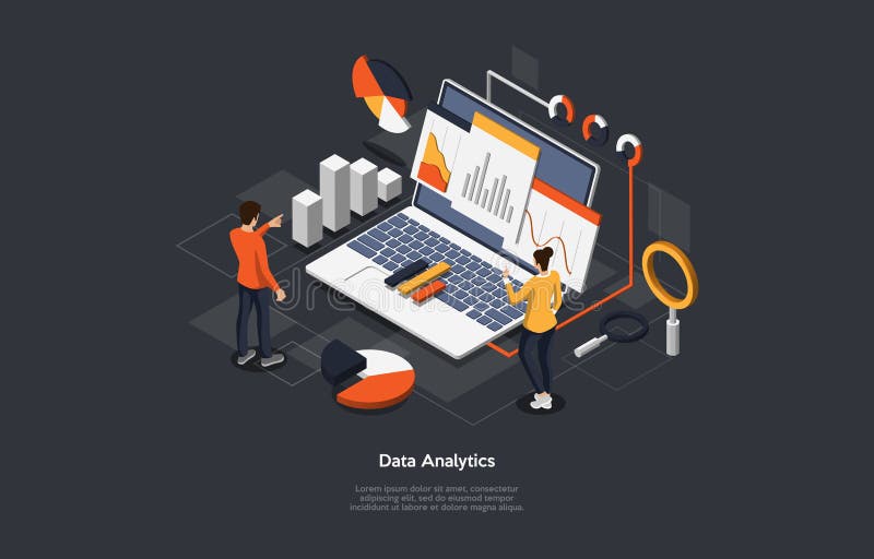 Illustration On Dark Background. Data Analytics, Info Checkup Concept. Isometric Vector Composition In Cartoon 3D Style vector illustration