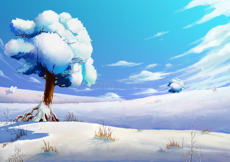 Illustration: The Winter Snow Field. Fantastic Cartoon Style Scene Wallpaper Background Design. Illustration: The Winter Snow Field. Fantastic Cartoon Style Scene Wallpaper Background Design.