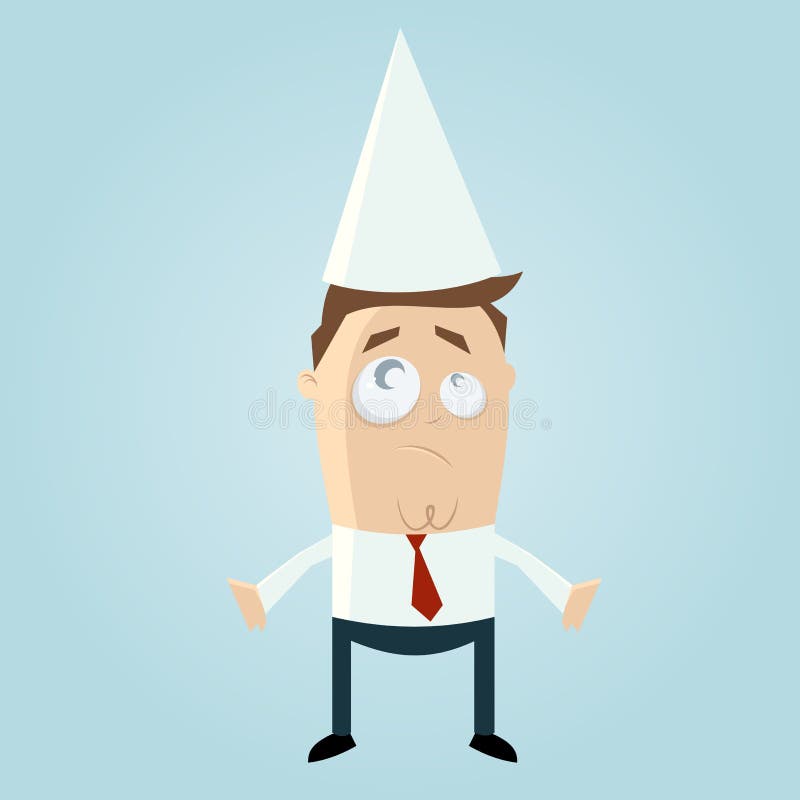 Cartoon illustration of unhappy businessman in dunce cap. Cartoon illustration of unhappy businessman in dunce cap.