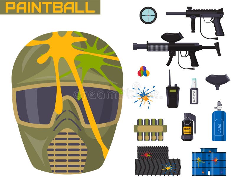Illustration de cible d'uniforme de protection d'icônes de club de Paintball et d'équipement d'éléments de concepteur du jeu de s illustration libre de droits Illustration de cible d'uniforme de protection d'icônes de club de Paintball et d'équipement d'éléments de concepteur du jeu de s illustration libre de droits