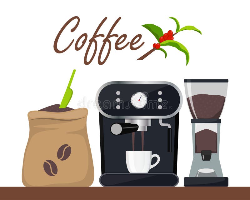 Illustration de conception de café ou de café avec la machine de café, sac avec des haricots, broyeur, tasse Branche d'arbre avec illustration libre de droits Illustration de conception de café ou de café avec la machine de café, sac avec des haricots, broyeur, tasse Branche d'arbre avec illustration libre de droits