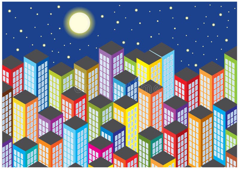 Color cartoon illustration with skyscrapers by night. Color cartoon illustration with skyscrapers by night