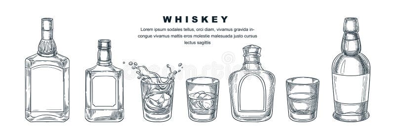 Whiskey bottles and glass with beverage and ice, vector sketch illustration. Scotch, brandy or liquor alcohol drinks. Bar menu design elements, isolated on white background. Whiskey bottles and glass with beverage and ice, vector sketch illustration. Scotch, brandy or liquor alcohol drinks. Bar menu design elements, isolated on white background