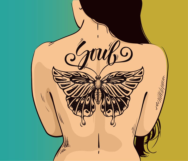 Illustration De Femme Avec Le Beau Tatouage De Papillon Sur