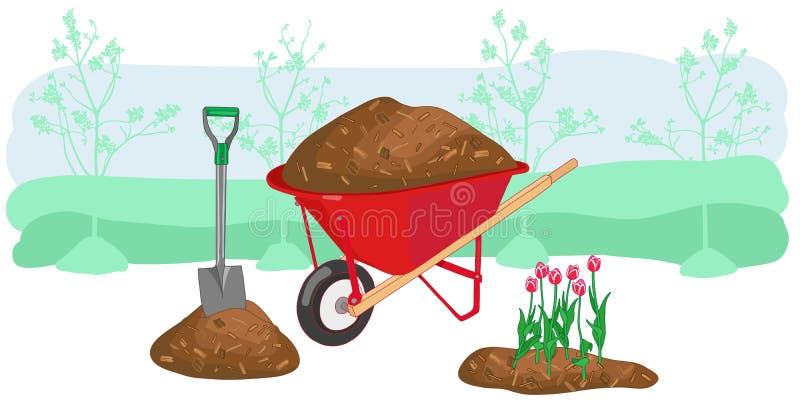 Illustration de jardinage de vecteur de concept de paillis Équipement extérieur de travail saisonnier de campagne d'agriculture