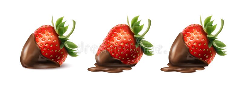 Illustration de l'ensemble d'icônes vectorielles réalistes 3d. fraise rouge entière recouverte de chocolat. fondue au chocolat. is. Illustration de l'ensemble d'icônes 3d réaliste. isolé.