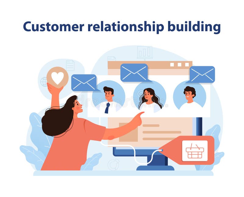 Illustration de la relation client. un marqueur se connecte aux clients à l'aide d'outils numériques. illustration libre de droits