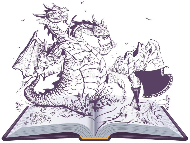 Illustration de livre ouverte de dragon et de héros drôle Gorynych et chevalier de serpent dirigés par trois russes illustration stock Illustration de livre ouverte de dragon et de héros drôle Gorynych et chevalier de serpent dirigés par trois russes illustration stock