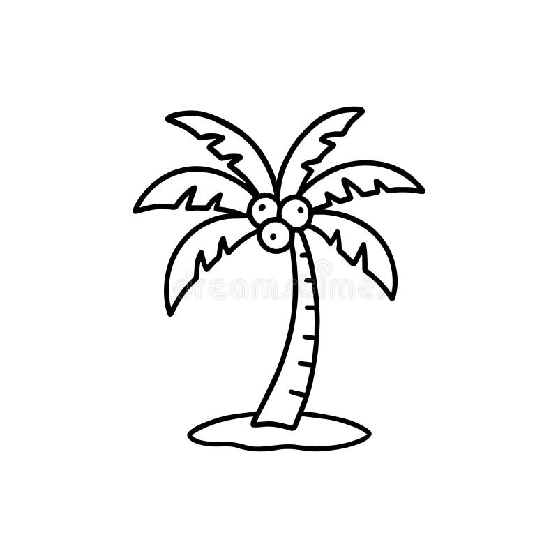 Illustration de palmier noir et blanc avec noix de coco. Illustration simple en noir et blanc d'un palmier avec des noix de coco sur un petit terrain.
