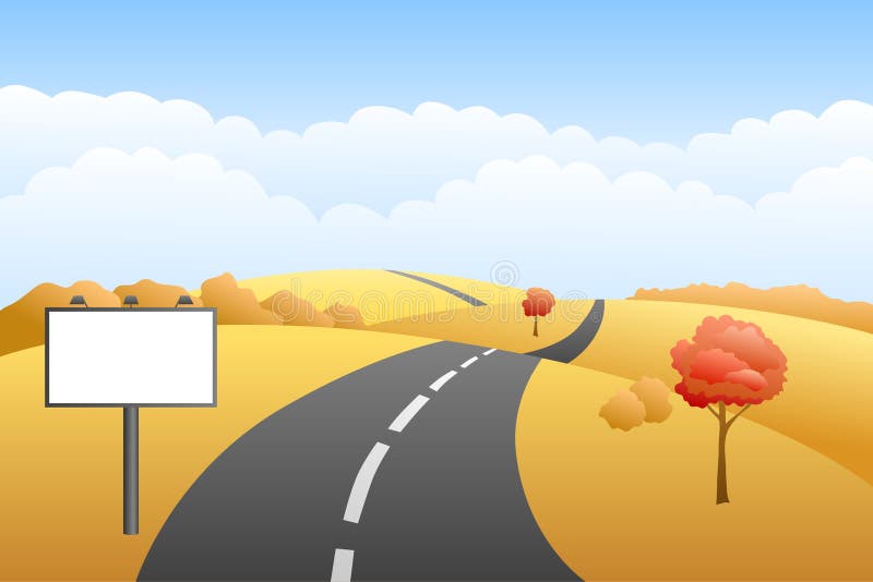 Illustration de panneau d'affichage de route de jour d'automne de collines de paysage illustration stock Illustration de panneau d'affichage de route de jour d'automne de collines de paysage illustration stock