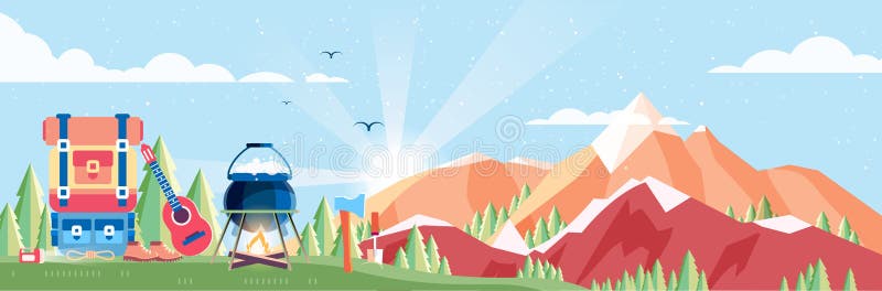 Illustration de paysage de jour, montagnes, aube, voyage, nature, pot, le feu, augmentant, grand sac à dos de touristes, campant illustration de vecteur Illustration de paysage de jour, montagnes, aube, voyage, nature, pot, le feu, augmentant, grand sac à dos de touristes, campant illustration de vecteur