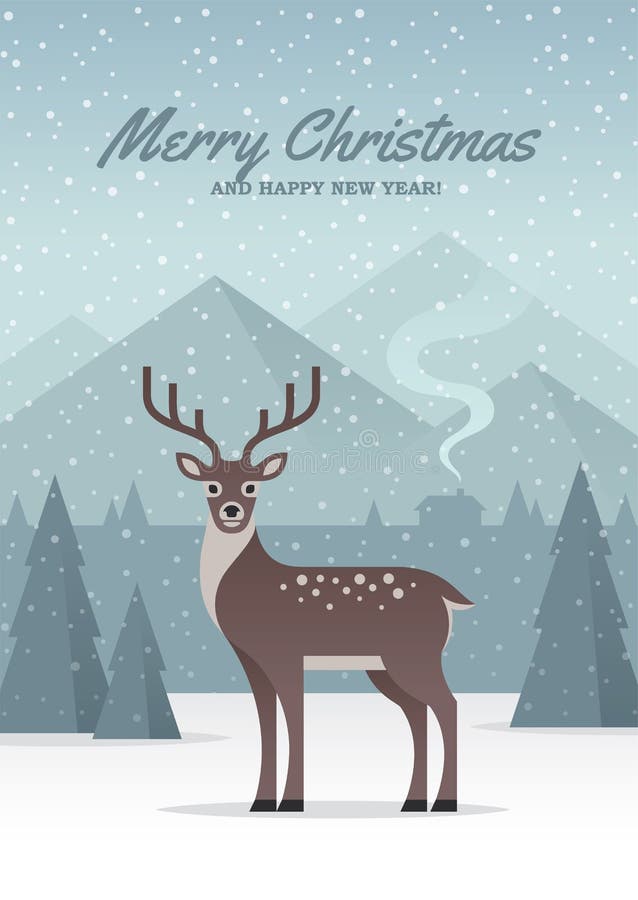 Illustration de paysage de nature d'hiver avec les cerfs communs, la forêt et les montagnes illustration stock