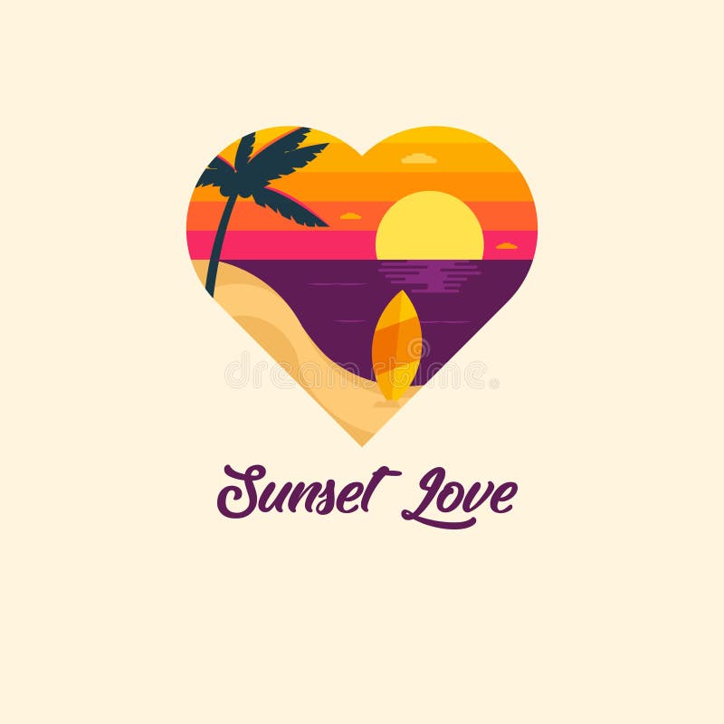 Illustration de plage d'amour de coucher du soleil de vecteur avec l'arbre de conseil surfant et de noix de coco sur le paysage d illustration libre de droits Illustration de plage d'amour de coucher du soleil de vecteur avec l'arbre de conseil surfant et de noix de coco sur le paysage d illustration libre de droits