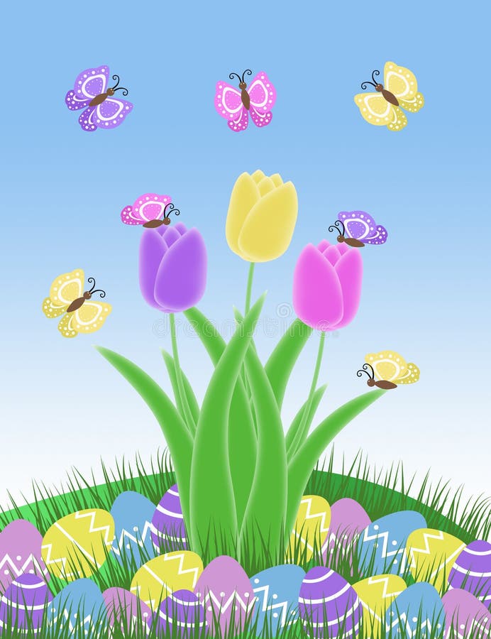 Illustration de ressort papillon pourpre d'isolement et d'oeuf et de tulipe de pâques roses et jaunes illustration de vecteur