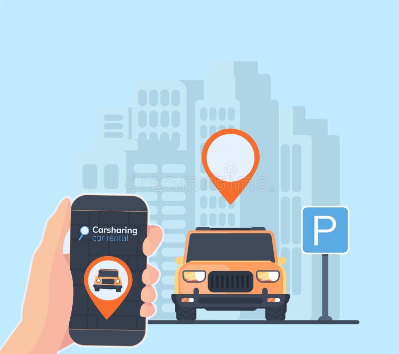 Illustration de service de covoiturage Fond, geolocation, voiture et smartphone urbains de paysage à disposition Voiture de locat illustration de vecteur Illustration de service de covoiturage Fond, geolocation, voiture et smartphone urbains de paysage à disposition Voiture de locat illustration de vecteur