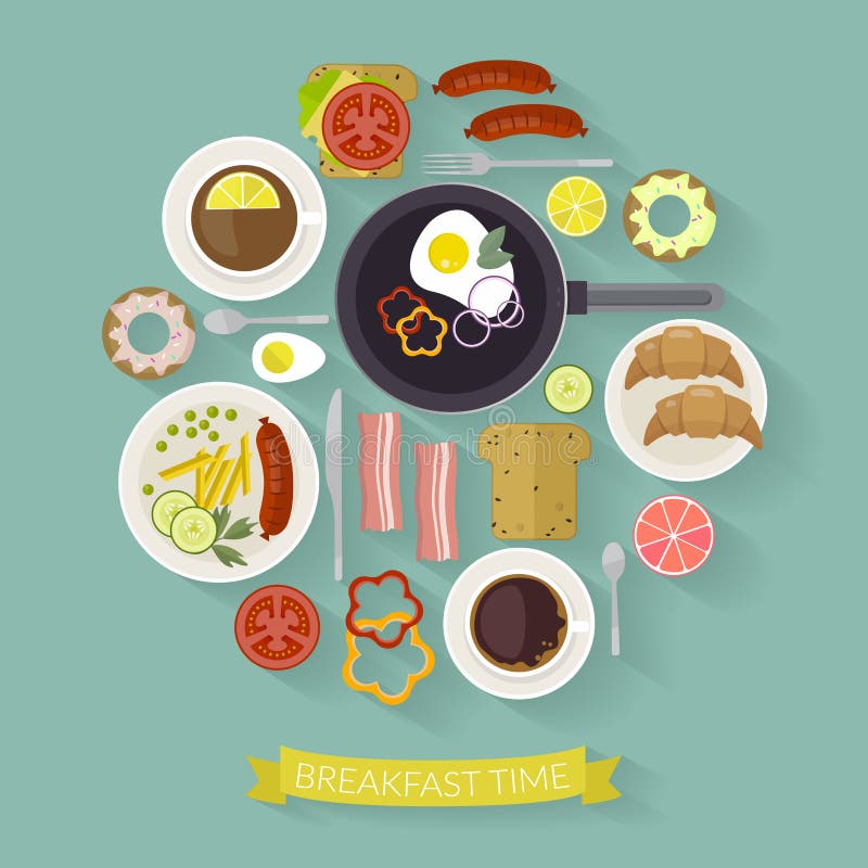 Illustration de temps de petit déjeuner de vecteur avec les icônes plates Nourriture fraîche et boissons dans le style plat