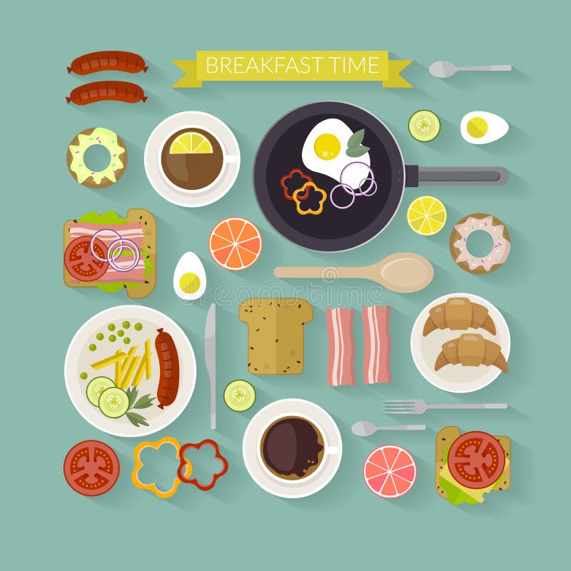 Illustration de temps de petit déjeuner de vecteur avec les icônes plates Nourriture fraîche et boissons dans le style plat