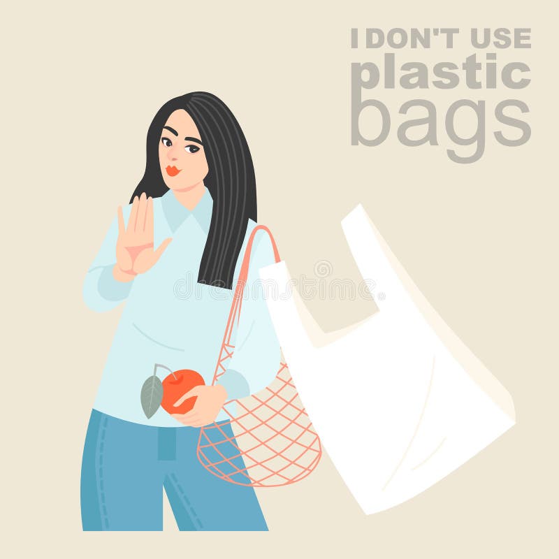 Illustration de vecteur d'une jeune femme avec un sac à provisions qui respecte l'environnement de maille refusant un sachet en p illustration stock Illustration de vecteur d'une jeune femme avec un sac à provisions qui respecte l'environnement de maille refusant un sachet en p illustration stock