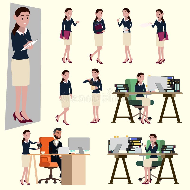 Illustration de vecteur dans un style plat de femme de salaire de bureau dans l'uniforme fonctionnant Beaucoup action de la femme illustration libre de droits Illustration de vecteur dans un style plat de femme de salaire de bureau dans l'uniforme fonctionnant Beaucoup action de la femme illustration libre de droits